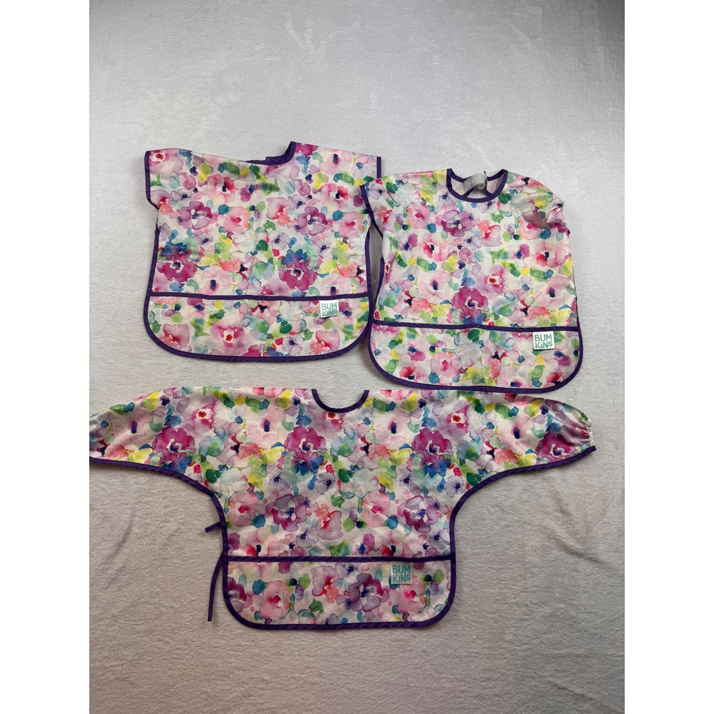 Bumkins Waterproof Bib Set 3pc Watercolor Floral Smock and Sleeveless Bibs